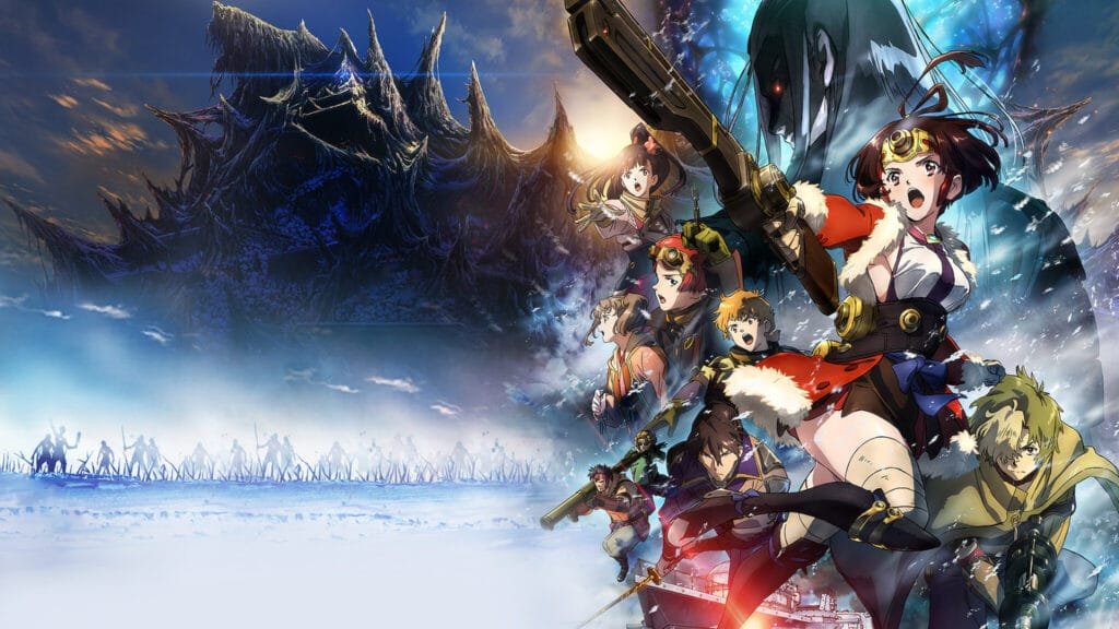 Main cast of Kabaneri of the Iron Fortress in battle-ready poses, led by Mumei aiming her steam-powered weapon, with Ikoma and allies beneath a looming Kabane figure and a dark, frozen fortress in the background.