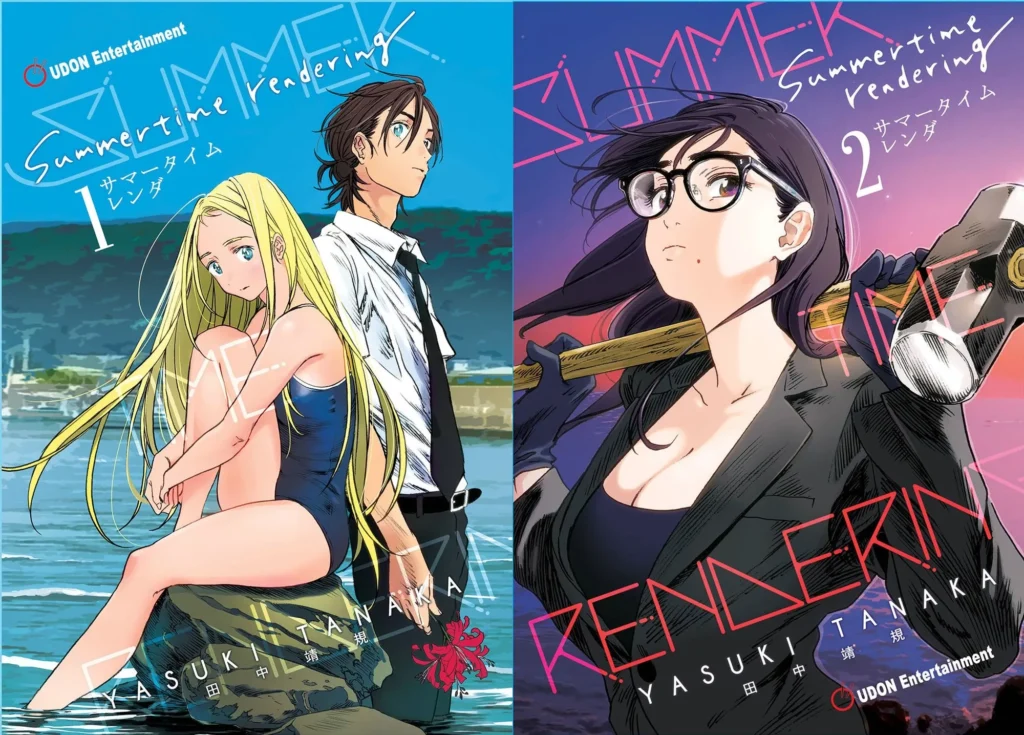 "Side-by-side covers of the manga Summertime Rendering Volumes 1 and 2 by Yasuki Tanaka, published by UDON Entertainment. Volume 1 (left) features a blonde girl in a blue swimsuit sitting on a rock in the water, with a serious-looking young man in a white shirt and black tie standing behind her. Volume 2 (right) shows a confident woman with long black hair, glasses, and a black outfit holding a large weapon over her shoulders, set against a sunset background. The titles and volume numbers are written in both English and Japanese."