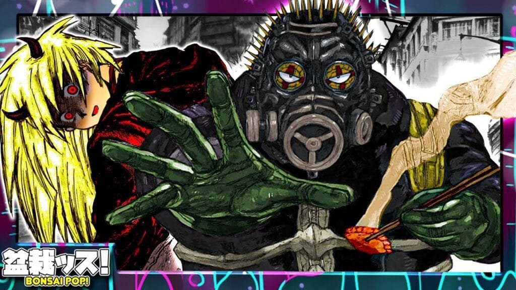 A stylized anime illustration featuring two characters. On the left, a blonde-haired character with long hair and red eyes wears a red and black demon-like mask, appearing shocked or alarmed. On the right, a large, intimidating figure wears a spiked gas mask with yellow-red lenses and heavy green gloves. The character is holding a piece of sushi with chopsticks. The background is a mix of black-and-white urban scenery and neon patterns. Bottom left contains Japanese text and the label “BONSAI POP!” in English.