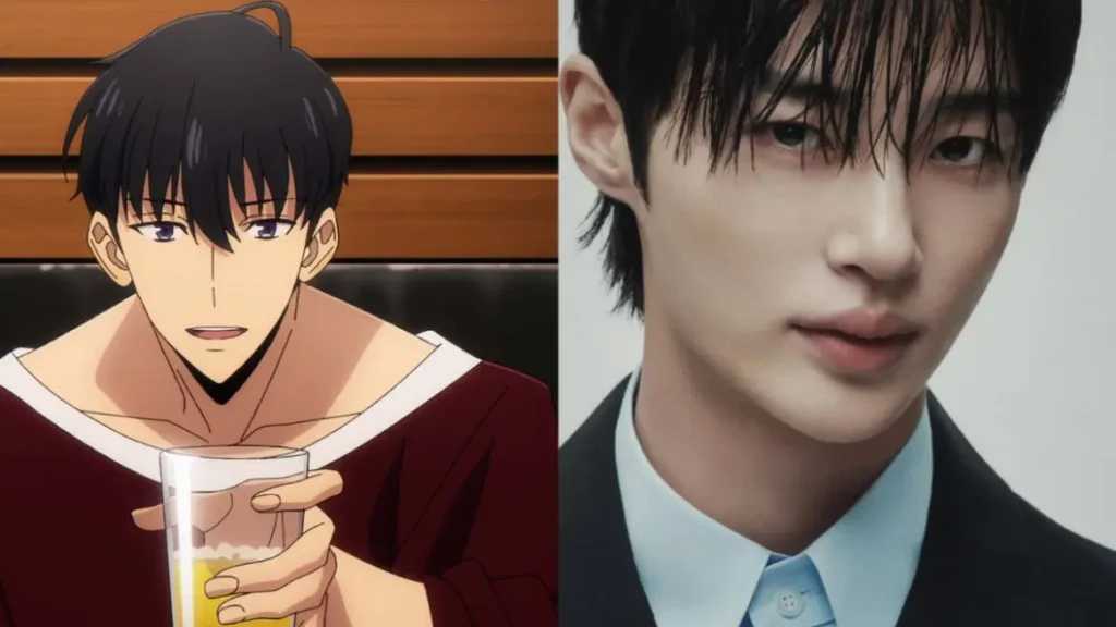 Side-by-side image comparing an anime character and a live-action actor. On the left, a male anime character with short black hair and purple eyes holds a glass of juice while smiling; he wears a loose maroon and white shirt. On the right, a real-life actor with wet, tousled black hair and soft facial features wears a formal black suit and light blue shirt, gazing calmly into the camera. The image suggests a live-action adaptation of the anime character.