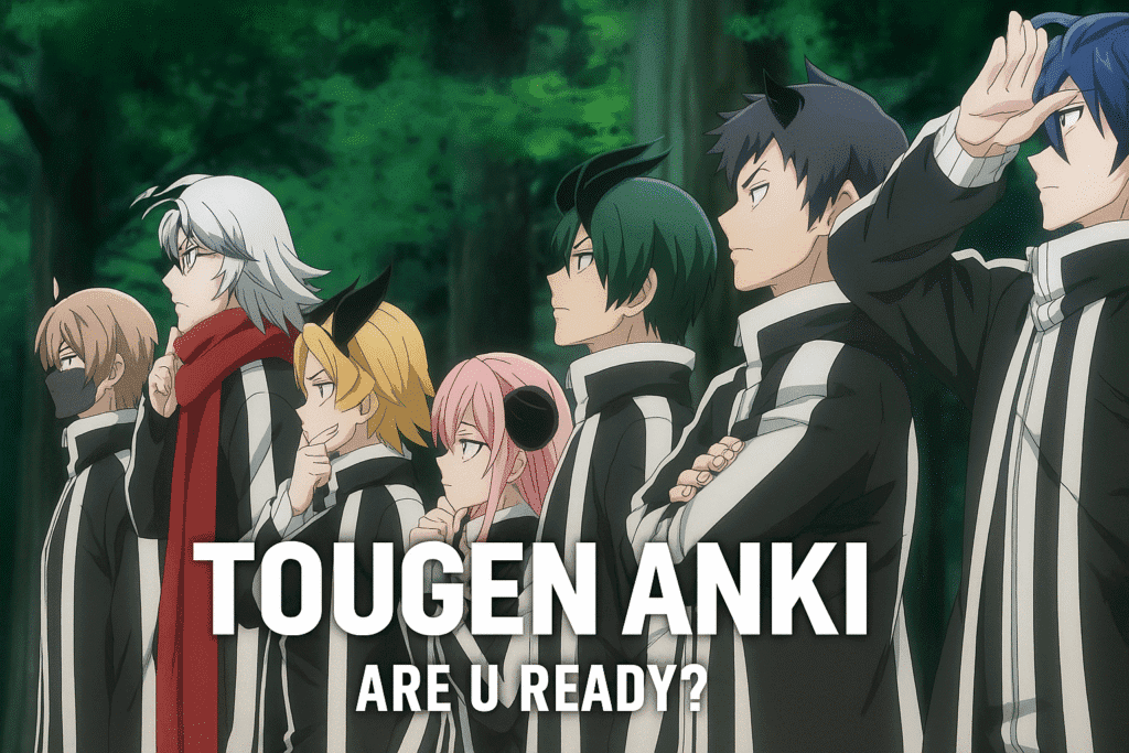 the characters of students from tougen anki standing in a line