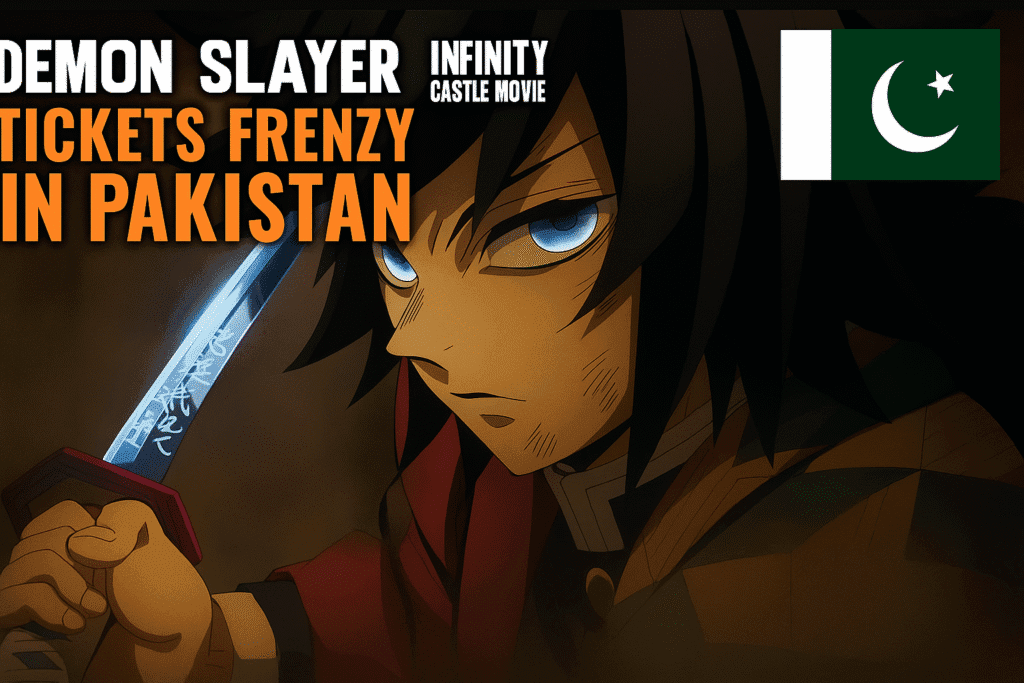 tomiyaka from demon slayer infinity castle in stance with a flag of pakistan in the top right corner