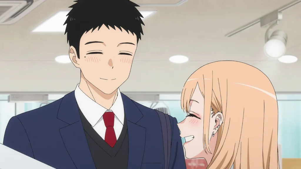 A smiling high school boy in a navy school uniform stands beside a cheerful blonde girl with piercings, both blushing and sharing a joyful moment inside a brightly lit room.