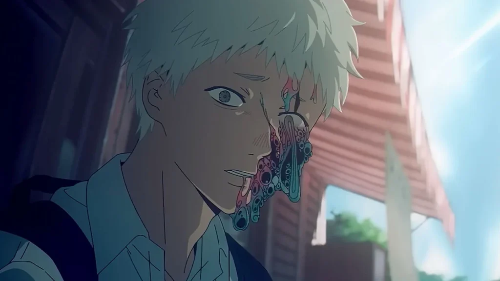 Close-up of Hikaru with a distorted, alien-like face mutation in The Summer Hikaru Died anime, under harsh sunlight and deep shadows.