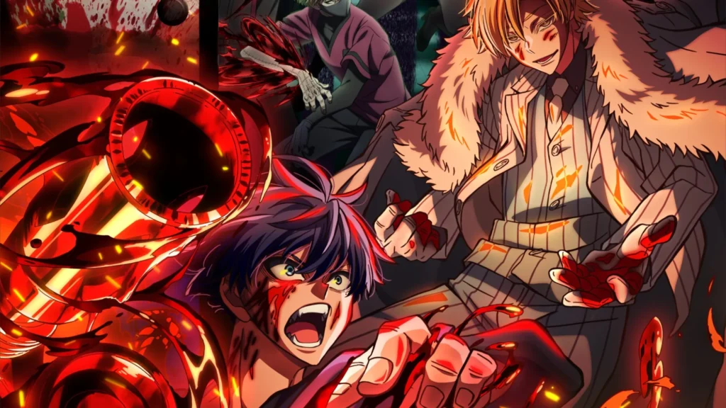 Tougen Anki anime promotional key visual featuring main protagonist Shiki Ichinose with a blood-red weaponized arm, mid-battle, and a sinister antagonist in a fur-lined coat, both surrounded by intense fiery red energy and action-packed chaos.Tougen Anki anime promotional key visual featuring main protagonist Shiki Ichinose with a blood-red weaponized arm, mid-battle, and a sinister antagonist in a fur-lined coat, both surrounded by intense fiery red energy and action-packed chaos.